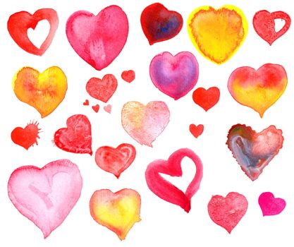 pink, red and yellow aquarelle hearts 