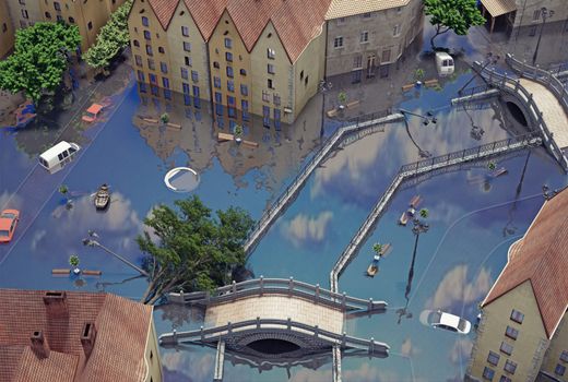 An flooding town. 3d concept