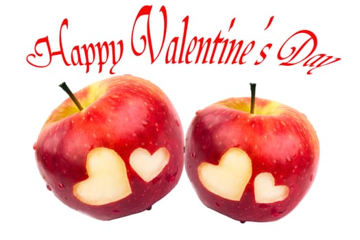 Happy Valentine's Day, two apples with hearts on a white background