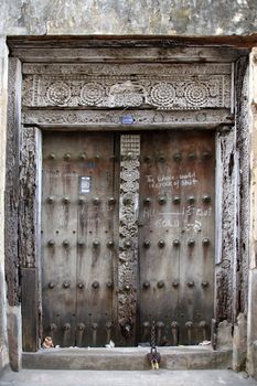 Old wooden door at Stone Town the capital of Zanzibar island East Africa.