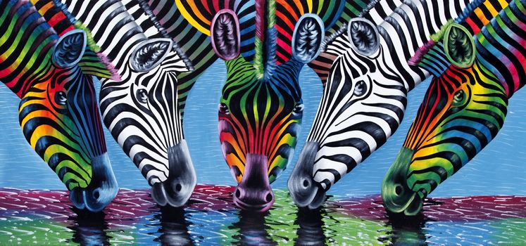 Stone Town, Zanzibar, Tanzania - January 10, 2016: painting of zebras at a watering place for tourists in Stone Town, Zanzibar, Tanzania, East Africa.