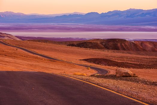 Death Valley Raw Scenery at Dusk. Valley Road. California, United States.