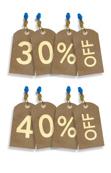 Old Paper Discount Tags. 30% and 40% OFF Rebate Tag Isolated on White.