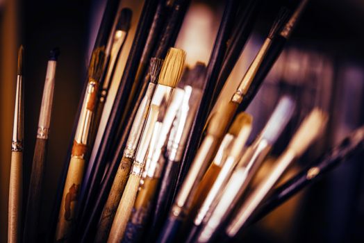 Colorful Oil Painting Paintbrushes Closeup Photo. 