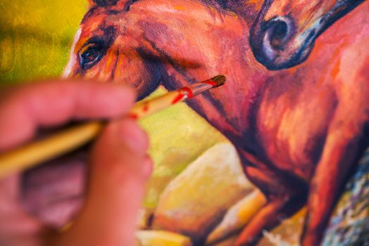 Painting on Canvas. Horses Oil Painting Closeup Photo. 