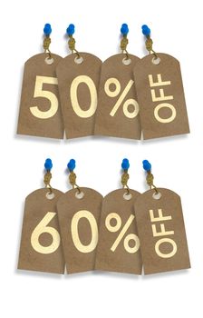 50% and 60% Off Paper Discount Tags Isolated on White.