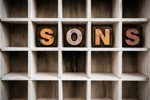 The word "SONS" written in vintage ink stained wooden letterpress type in a partitioned printer's drawer.