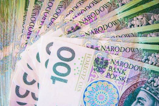 One Hundred Polish Zloty Bills Closeup Photo. Polish Currency.