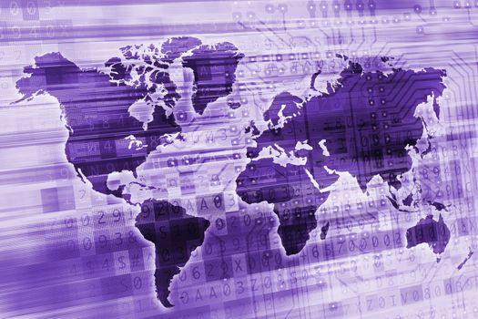 Purple Digital Global Concept Illustration. World Map with Digital Elements.