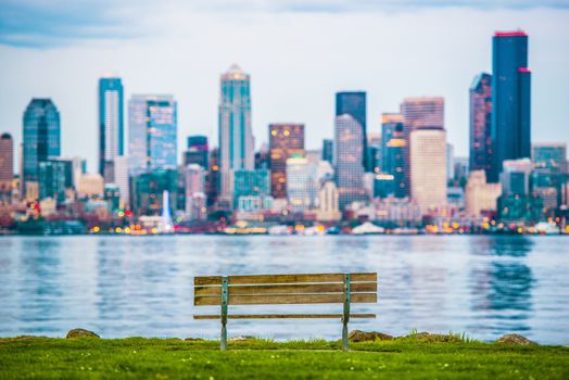 Seattle Vista Bench. Seattle Skyline and the Bay Vista Wooden Bench. Seattle, Washington, USA.