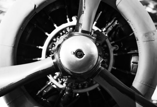 Vintage Aircraft Propeller with Radial Engine. World War II Combat Airplane Closeup.