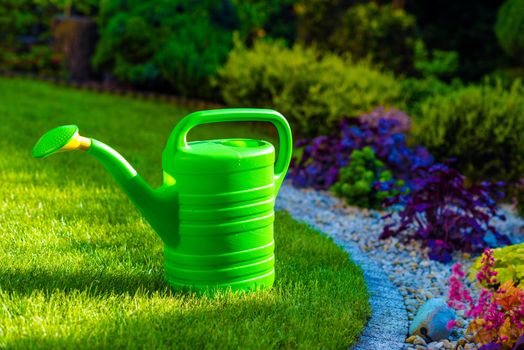 Green Plastic Watering Can in the Rockery Garden