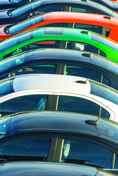 Car Sales Business. Car Dealership Stock Lot. Colorful Cars in a Row.