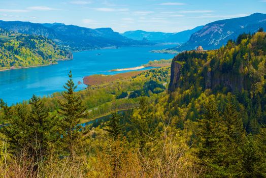 Columbia River Gorge and the Famous Crown Point Vista House near Portland, Oregon, United States. Columbia River Scenery. 