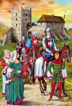 Polish Medieval Knights with Wives and the Medieval Castle Illustration.