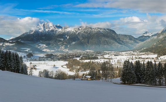 Wintery mountain range in Tyrol, Saalfelden, Austria