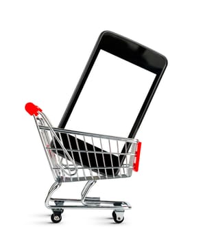 Shopping cart with smartphone isolated on white background