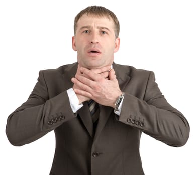 Businessman with hands around neck isolated on white background