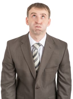 Businessman with inflated cheeks isolated on white background