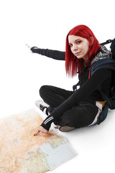 Young Dyed Hair Female Tourist Pointing On Map Over White Background