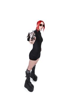 Young Dyed Hair Female Holding Gun Over White Background