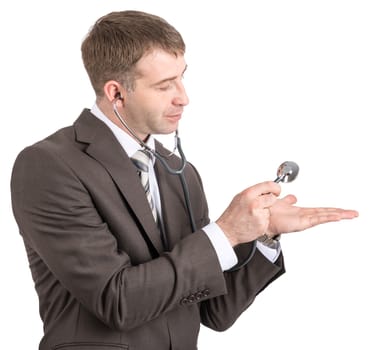 Businessman with stethoscope looking at hand isolated on white background