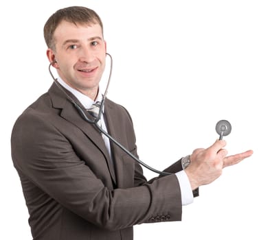 Businessman with stethoscope looking at camera isolated on white background
