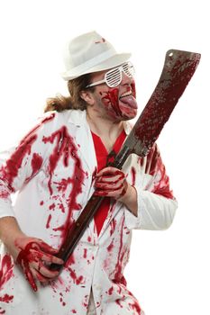 Mad butcher covered in blood with a teddy bear on an axe