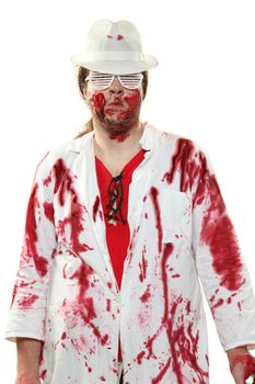 Mad butcher covered in blood with a teddy bear on an axe