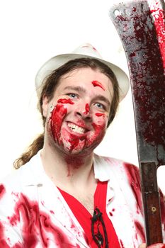 Mad butcher covered in blood with a teddy bear on an axe