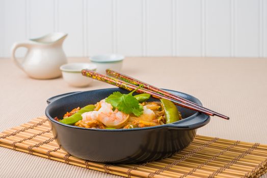 Pad Thai with shrimp photographed closeup.