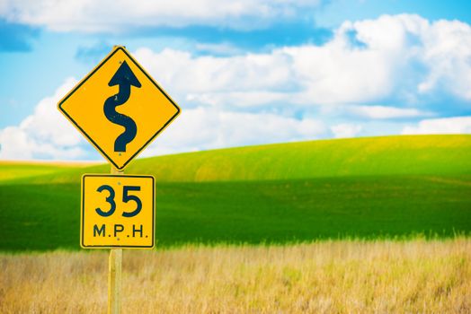 Right Winding Road with Sharp Turn Symbol. Roadside Curved Road Sign.