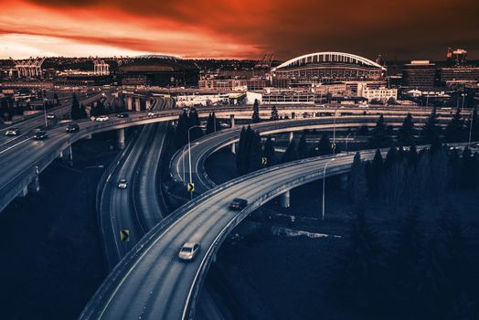 Seattle Highways Intersection in Reddish Blue Color Grading. Seattle, Washington, United States.