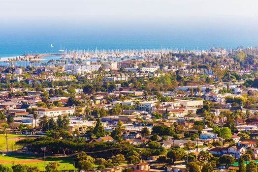 Sunny Santa Barbara California Cityscape Panorama. City of Santa Barbara, Marina and Pacific Ocean. 