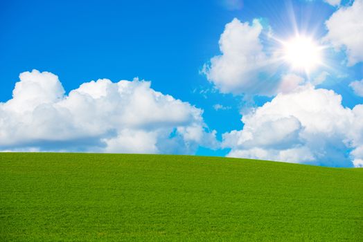 Sunny Summer Field Background. Summer Green Hills and Cloudy Blue Sky. Scenic Nature Landscape Background.