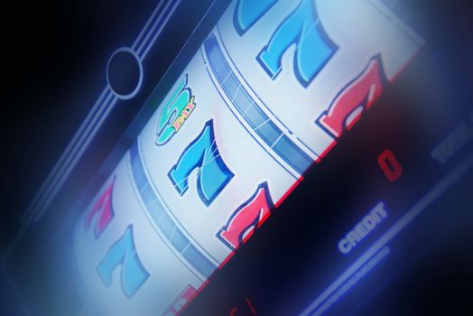 Slot Machine Spin Concept Photo. Slot Machine Closeup. Casino Theme.