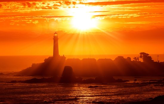 California Scenic Lighthouse Sunset. Pigeon Point, California, United States. Pacific Ocean Shore.