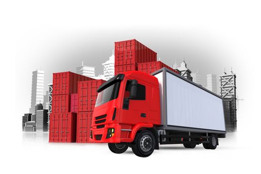Cargo and Shipping 3D Concept Illustration. Red Cargo Truck, Cargo Containers and the City. Shipping Concept.