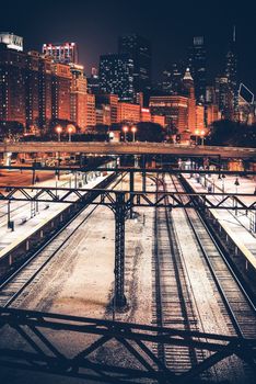 City of Chicago at Night. Illinois Railroads. Skyline Chicago, Illinois, United States.