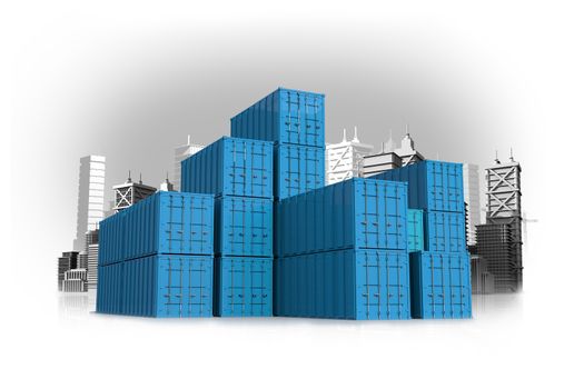 Blue International Shipping Containers Concept Illustration with Cityscape in Background. Cargo and Shipping Concept.