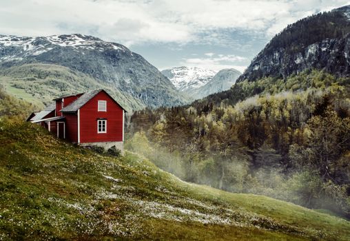 Vintage image of a red wooden cottage in the valley. White flowers. Stone snowy mountains. Stalheim, Norway. Lightly mist.