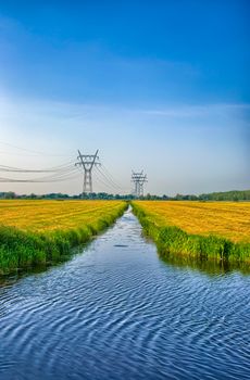 Dutch landscape with a canal and grass fields with mirror reflection in water, Amsterdam, Holland, Netherlands, HDR