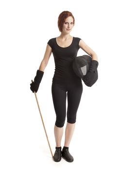 Woman with a fighting stick and a helmet.