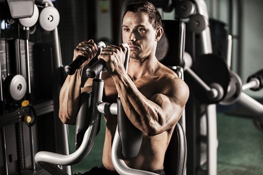 Attractive shirtless male bodybuilder doing workout at gym