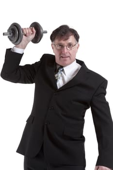 Mature Businessman Lifting Barbell Over White Background