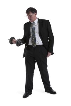 Mature Businessman Lifting Dumbbell Over White Background