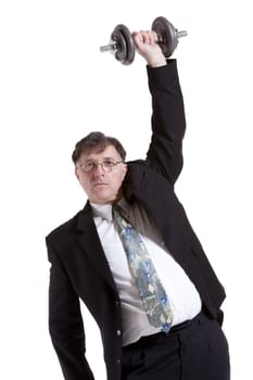 Mature Businessman Lifting Barbell Over White Background