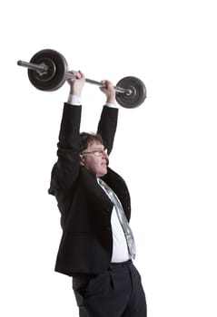 Mature Businessman Lifting Barbell Over White Background