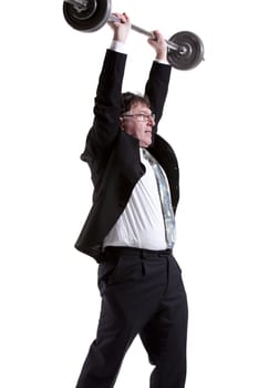 Mature Businessman Lifting Barbell Over White Background