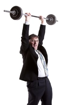 Mature Businessman Lifting Barbell Over White Background